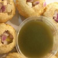 Pani Puri (Vegan) · 7 round, hollow puri, fried crisp, and filled with a mixture of flavored water.