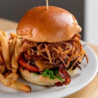 Bbq Burger · Bacon, crispy onion strings, cheddar cheese, Rivermouth Stout BBQ sauce, organic lettuce and...