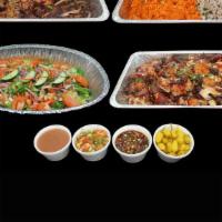 Catering Pack #1 · 6 whole chickens,1/3 tray beans, 1/3 tray rice, 1/3 tray potato salad, salsa, tortillas, pla...
