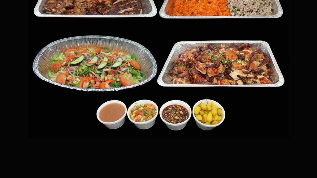Catering Pack #1 · 6 whole chickens,1/3 tray beans, 1/3 tray rice, 1/3 tray potato salad, salsa, tortillas, plates, forks, napkins (feeds 20 people)