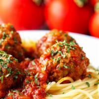 Spaghetti With Meatballs Or Sausage · Homemade meatballs or grilled sausage, marinara sauce