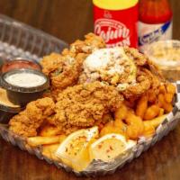 Cap'N Chatter Seafood Platter · Hot/popular. One whole fried soft shell crab, fried oysters, fried popcorn shrimp, fried cat...
