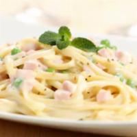 Pasta Primavera · Spaghetti with cream sauce. Ham and mixed vegetable & garlic bread