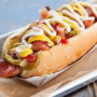 La Street Dog · Bacon wrapped all beef dog, pico, peppers n onions pickled jalapeños, ketchup, mustard, mayo.