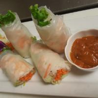 A-5. Fresh Spring Roll (2) · A mixture of rice noodles, shrimp, bean sprouts, shredded carrots, cucumbers leafy greens wr...