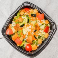 Salads · 3 greens with cucumbers, carrots, mozzarella cheese, roma tomato and homemade croutons
