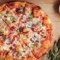 Johnny Utah Pizza · Double Smoked Bacon, Jalapeños, Roasted Pineapple, Red Onion, Mozzarella, Parmesan, Basil, M...