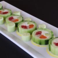 Oishi Roll · In - assorted fish, crabmeat, avocado. Out wrapped with cucumber paper. No rice. No seaweed....