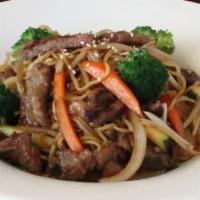 Yaki Soba · Japanese thin wheat noodles, stir fried with vegetables and with your choice of protein.