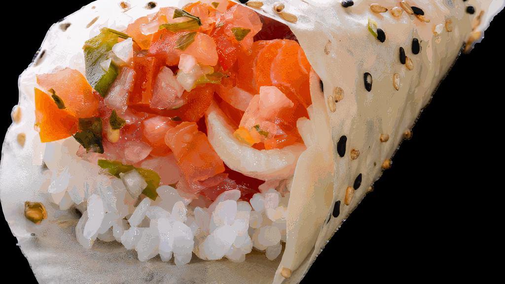 (C028) Sashimi Ceviche Hand Roll · Assorted sashimi served ceviche style in a hand roll and wrapped in soy paper.