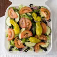 Garden Salad · Lettuce, tomatoes, onions, olives, cucumbers.
