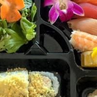 Sushi Box · 1 pc each of salmon, tuna, albacore, ebi sushi with miso soup, house salad, Beef Gyoza, Crun...