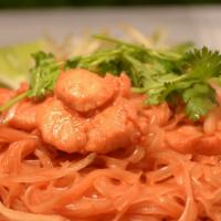 Vegetables Pad Thai Or Pad Thai · Mixed vegetable or sliced chicken stir-fried with pad thai noodles, green onions, and red Th...