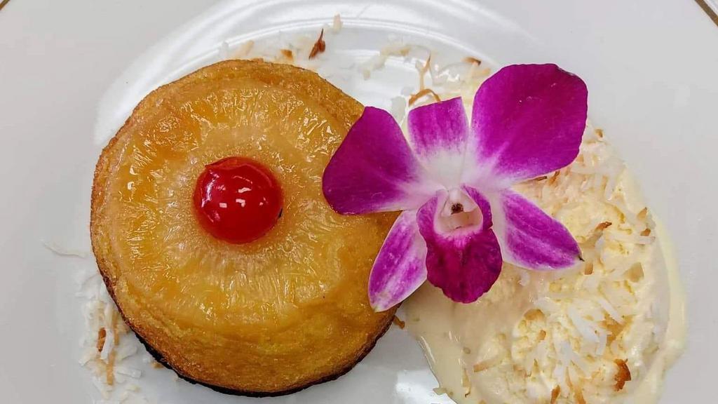 Pineapple Upside-Down Cake  · Pineapple Sponge Cake covered in Brown Buttered Sauce served with Leatherby's Seasonal Ice Cream