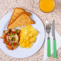 Two Egg Platter With Meat · Two scrambled eggs with two slices of buttered toast, and your choice of meat and breakfast ...