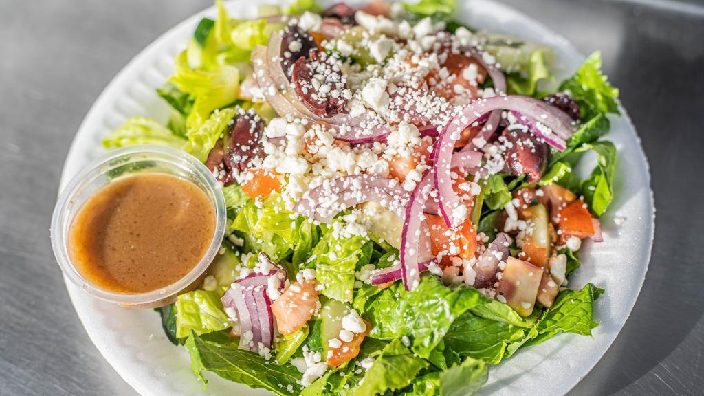 Mediterranean Salad · Roman lettuce, Kalamata olives, baby cucumber, red onions tomato, feta cheese. Add chicken for an additional charge.