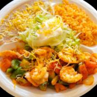 #18 Shrimp Fajitas Plate · Served with rice and beans. Corn or four tortillas.