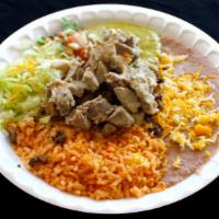 #14 Carnitas Plate · Served with rice and beans. Guacamole, pico De gallo, lettuce and a side order of tortillas....