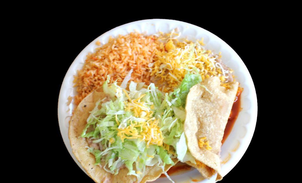 #1 Tostada & Taco · Beans, cheese and lettuce tostada and shredded beef taco. Served with rice and beans.