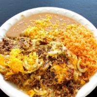 #11 Machaca Plate · Served with rice, beans, cheese and side of tortillas. Either corn or flour.