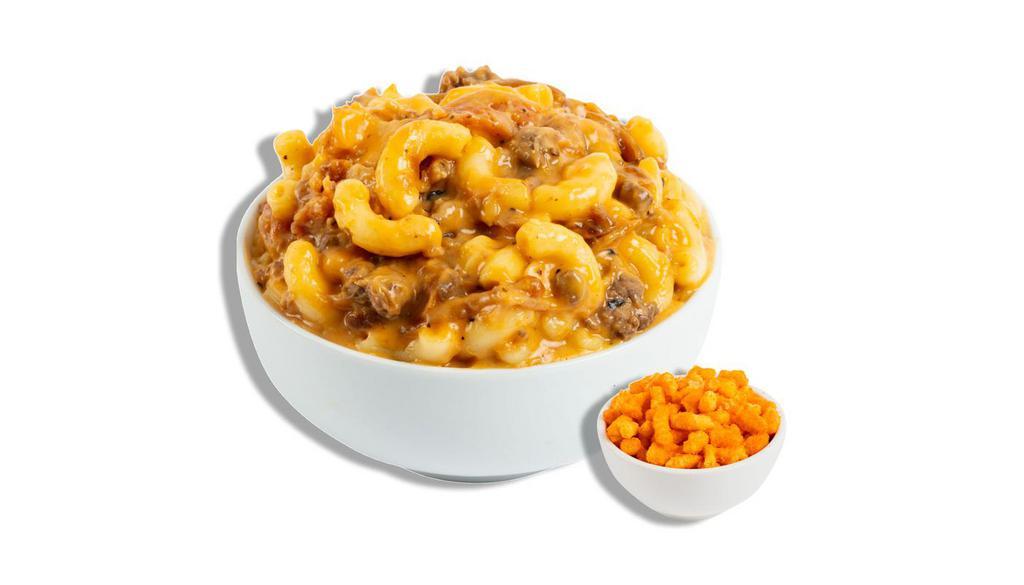 The Cheeseburger · Our classic cheddar cheese blend loaded with ground beef, sauteed onions, and sharp cheddar cheese. Recommended topper: Classic Cheetos