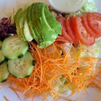 Garden Salad · Contains Lettuce, Carrots, Red Cabbage, Cucumber, Tomato and Avocado.