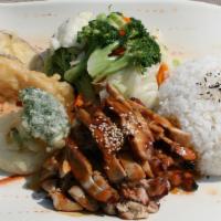 Chicken & Tempura Plate · Chicken Teriyaki, (1) Shrimp Tempura, (5) Vegetable Tempura with white rice and steam vegeta...
