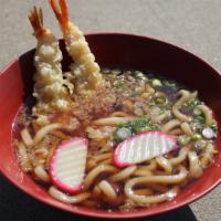 Shrimp Tempura Udon · Udon Soup with 2 Shrimp on the side.