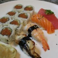 Spicy Tuna Roll · With 4 pieces of sushi (tuna +salmon + shrimp + unagi)