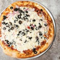 Greek Black Olives, Red Onions, Sun-Dried Tomatoes, Feta Cheese 10'' · 