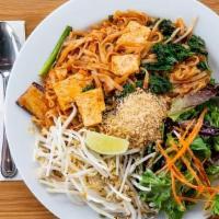 Pad Thai · Gluten-free. Contains peanuts. Rice noodle stir fried with tamarind sauce, bean sprout, chiv...
