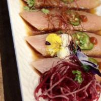Pepper Fin · Thinly sliced albacore tuna with jalapeño, sesame and ponzu.