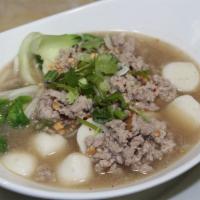 Tom Yum Noodle Soup · Rice noodles in clear soup with fish balls, ground pork, shrimp and bean sprouts.