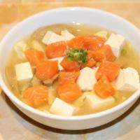 Salmon Soup · Salmon, nappa, cabbage, tofu, enoki mushrooms and green onions in miso broth.