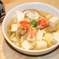 King Crab Soup · King crab, tofu, napa cabbage, enoki mushrooms and green onion in miso broth.