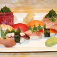 Sashimi And 8 Pcs Sushi · Healthy. 3 pcs tuna and 2 pcs white fish sashimi and 8 pcs chef's choice sushi.