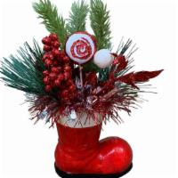 Santa'S Boot Faux Arrangement · A lightweight santa boot with faux pine, ornament, and holiday themed pics.