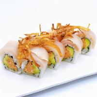 Albacore Tataki Roll 3.0 · 8 pcs. spicy tuna  avocado roll topped with seared albacore sashimi and crispy onion. ponzu ...