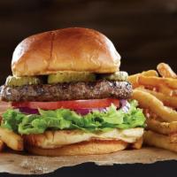 Sizzler Burger · One 1/3 patty, bistro sauce, shredded lettuce, tomatoes, red onions and dill pickles on a co...