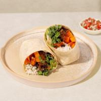 Sweet Potato Burrito · Burrito with your choice of protein, sweet potato, black beans, white rice, kale, avocado, a...