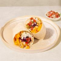 Vegetarian Squash Burrito · Burrito (no meat) with butternut squash, corn, white rice, jalapenos, shredded cabbage, and ...