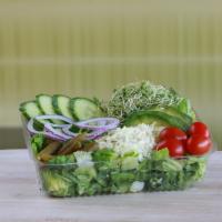 Green Salad · Chopped romaine, avocado, English cucumbers, jack cheese, grape tomatoes, baby dill pickles,...