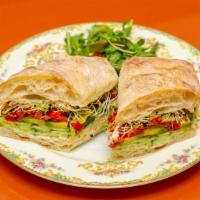 Veggie Sandwich · Avocado – Ciabatta  | Roasted Bell 
Pepper |  Shallots | Persian Cucumber  | Heirloom Tomato...