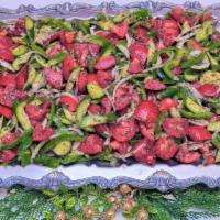 Mediterranean Salad · Sliced cucumbers, bell peppers, tomatoes, onions, parsley, mint, sumac, olive oil, lemon jui...