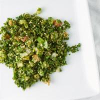 Tabbouleh · Bulgur wheat, tomatoes, cucumbers, parsley, onion, mint, lemon juice, olive oil.