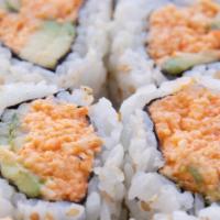 Spicy California Roll · Spicy. Eight pieces spicy kani, avocado, cucumber, and sesame seeds.