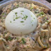 Pork Belly Carbonara · Duck fat braised pork belly tossed with shallots, garlic, light cream sauce egg topped with ...