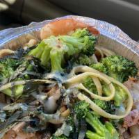 Shrimp & Sausage · Tiger shrimp tossed with Italian sausage, garlic chips, broccoli, pepper flakes, butter and ...
