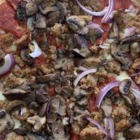 The Italian (Regular) · Pizza sauce, Italian sausage, port wine wild mushrooms, mozzarella, basil, red onions regular.
