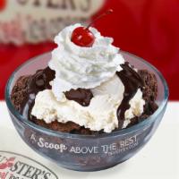 Hot Fudge Brownie Sundae · 2 Scoops of vanilla on a brownie, hot fudge, whip cream, and a cherry.